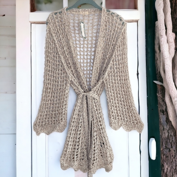 POL Sweaters - POL Open Knit Waist Tie Crochet Cardigan Beige Size M